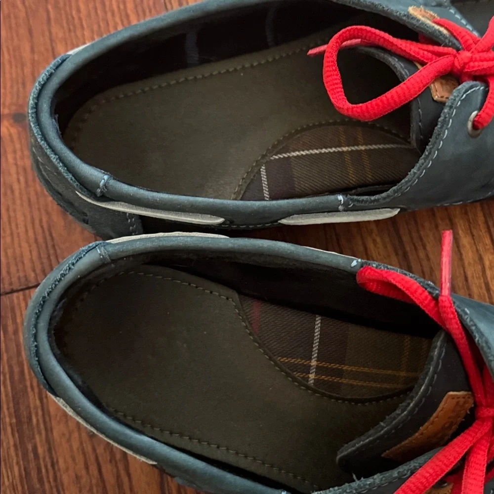 Barbour Wake leather and suede boat shoes in washed blue with red laces